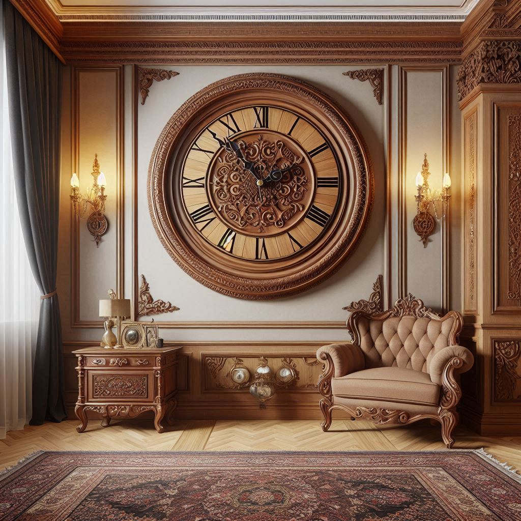 ساعت دیواری چوبی ۷۰ سانتی‌متر در دکوراسیون کلاسیک