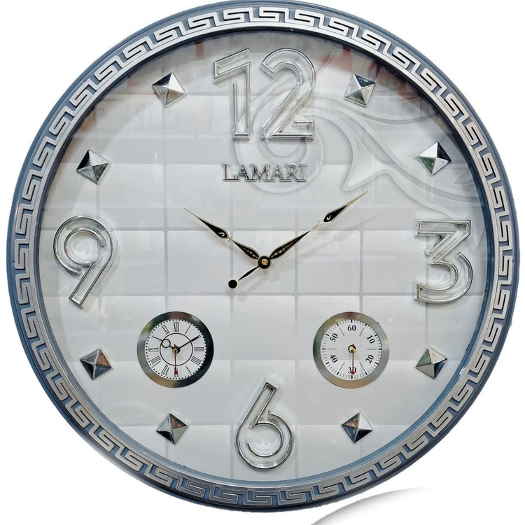 ساعت دیواری سه موتوره طوسی-سفید 60 سانتیمتری با طراحی شیک