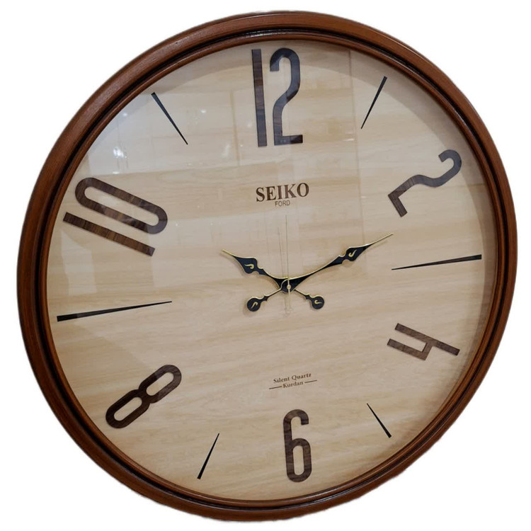 ساعت دیواری گرد چوبی ۷۵ سانتی کرم قهوهای مناسب دکوراسیون کلاسیک و مدرن
