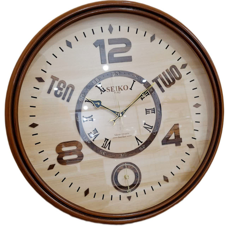 ساعت دیواری گرد چوبی کرم قهوهای ۶۰ سانتی دو موتوره بیصدا