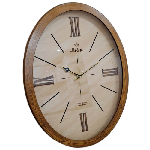 ساعت دیواری بیضی چوبی کرم قهوهای با قاب کلاسیک ۶۵ سانتی