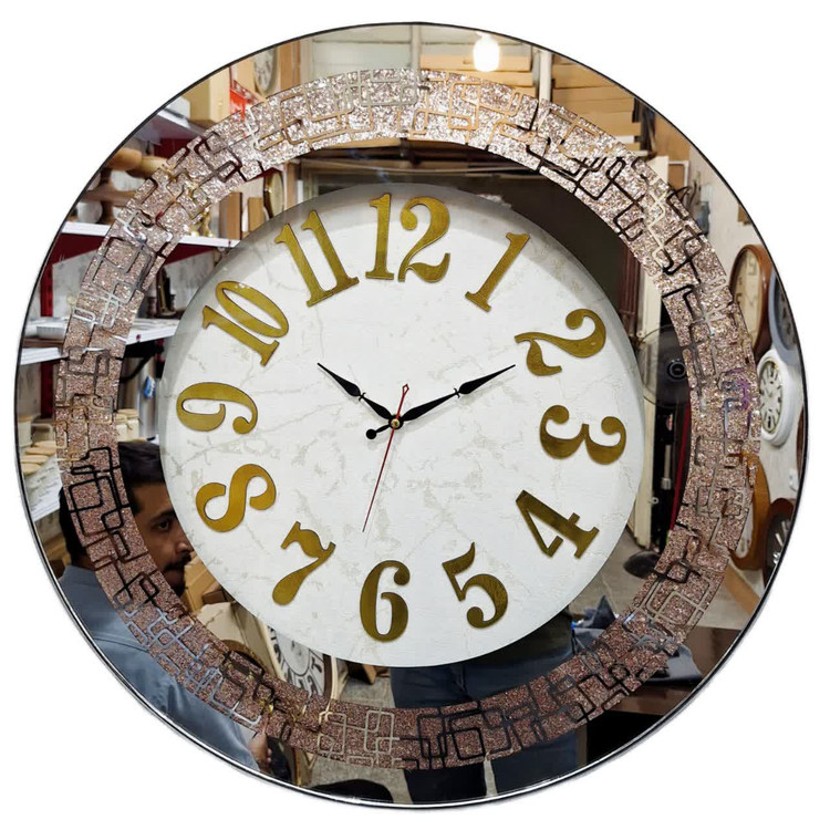 ساعت دیواری آینهای اکلیلی ۷۰ سانتیمتری با موتور تایوانی آرامگرد و گارانتی ۵ ساله، طراحی لوکس و مدرن