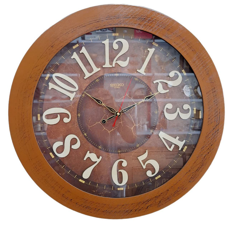 ساعت دیواری قهوهای 60 سانتیمتری چوبی با اعداد کامل انگلیسی و موتور آرامگرد