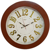 ساعت دیواری قهوهای 60 سانتیمتری چوبی با صفحه کرم و اعداد انگلیسی پلکسی طلایی