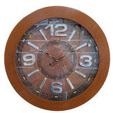 ساعت دیواری قهوهای 60 سانتیمتری چوبی با اعداد پلکسی نقرهای