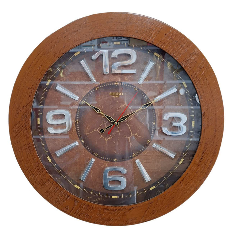 ساعت دیواری قهوهای 60 سانتیمتری چوبی با اعداد پلکسی نقرهای
