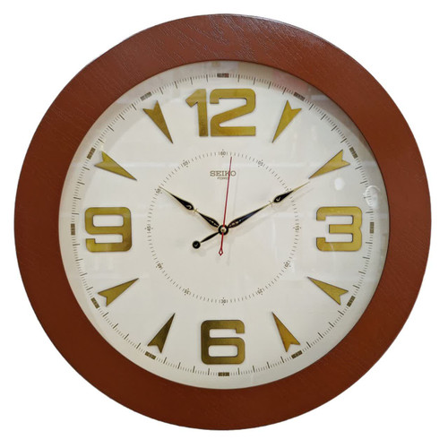 ساعت دیواری چوبی ۶۰ سانتیمتری با فریم قهوهای و اعداد پلکسی طلایی