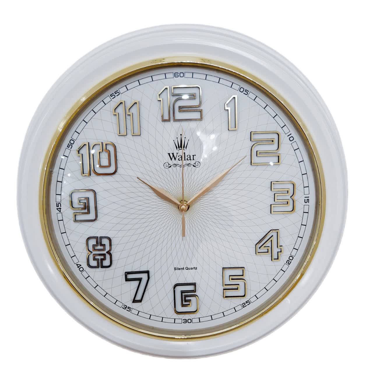 ساعت دیواری سفید 40 سانتی‌متری فایبر با اعداد برجسته طلایی مناسب اتاق خواب