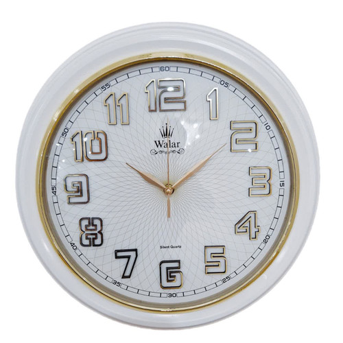 ساعت دیواری سفید 40 سانتیمتری فایبر با اعداد برجسته طلایی مناسب اتاق خواب