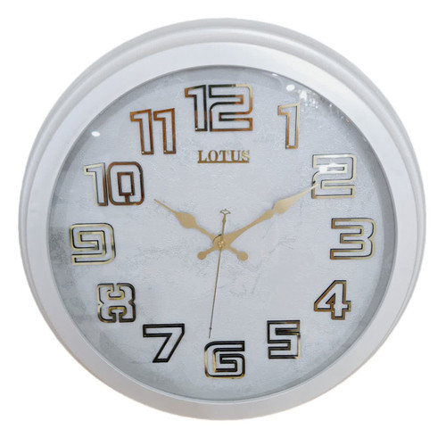 ساعت دیواری سفید 40 سانتیمتری فایبر با اعداد برجسته طلایی و 2 سال ضمانت