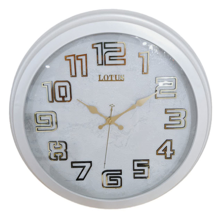 ساعت دیواری سفید 40 سانتیمتری فایبر با اعداد برجسته طلایی و 2 سال ضمانت