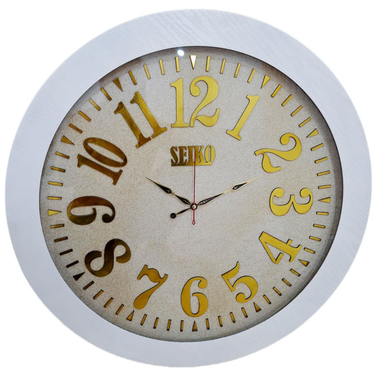 ساعت دیواری سفید 70 سانتیمتری چوبی با اعداد کامل طلایی و 2 سال ضمانت