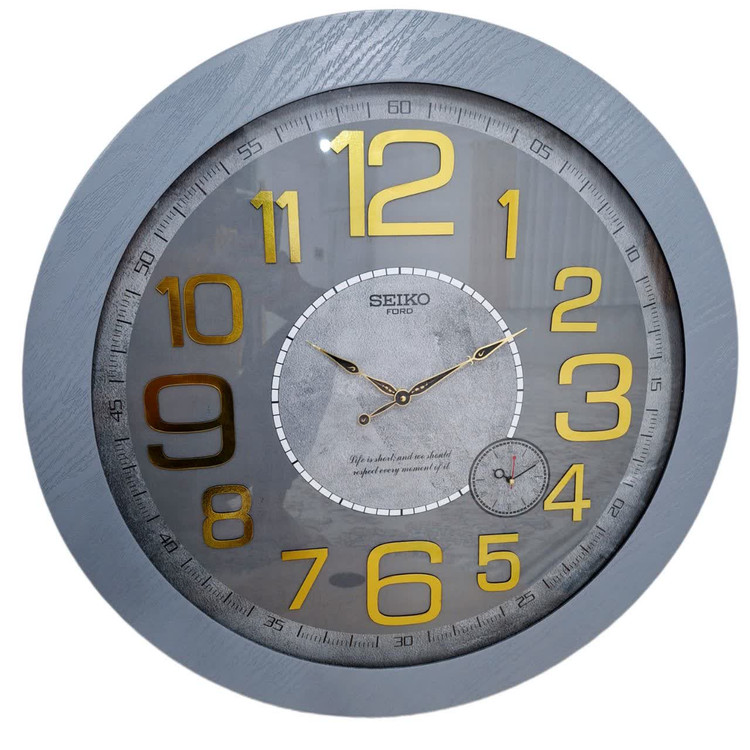 ساعت دیواری طوسی 70 سانتیمتری چوبی با اعداد کامل طلایی و 2 سال ضمانت