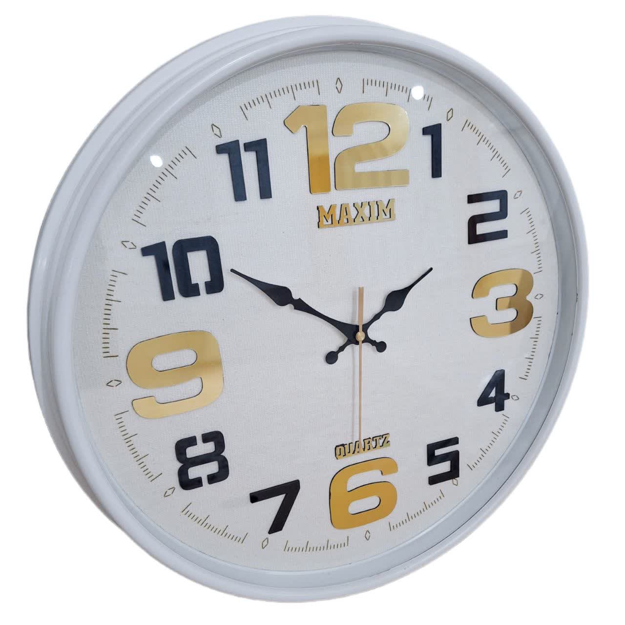 ساعت دیواری سفید 50 سانتی‌متری فایبر با اعداد انگلیسی برجسته و 2 سال ضمانت