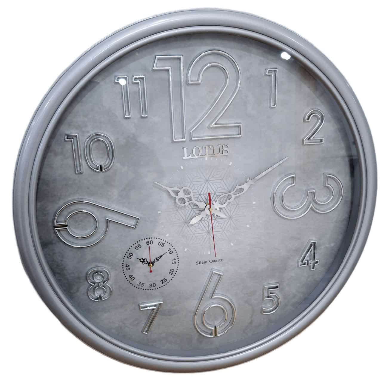 ساعت دیواری طوسی 65 سانتی‌متری فایبر با اعداد انگلیسی نقره‌ای برجسته و 2 سال ضمانت