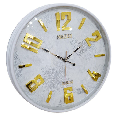 ساعت دیواری سفید 50 سانتیمتری فایبر با اعداد طلایی برجسته و 2 سال ضمانت