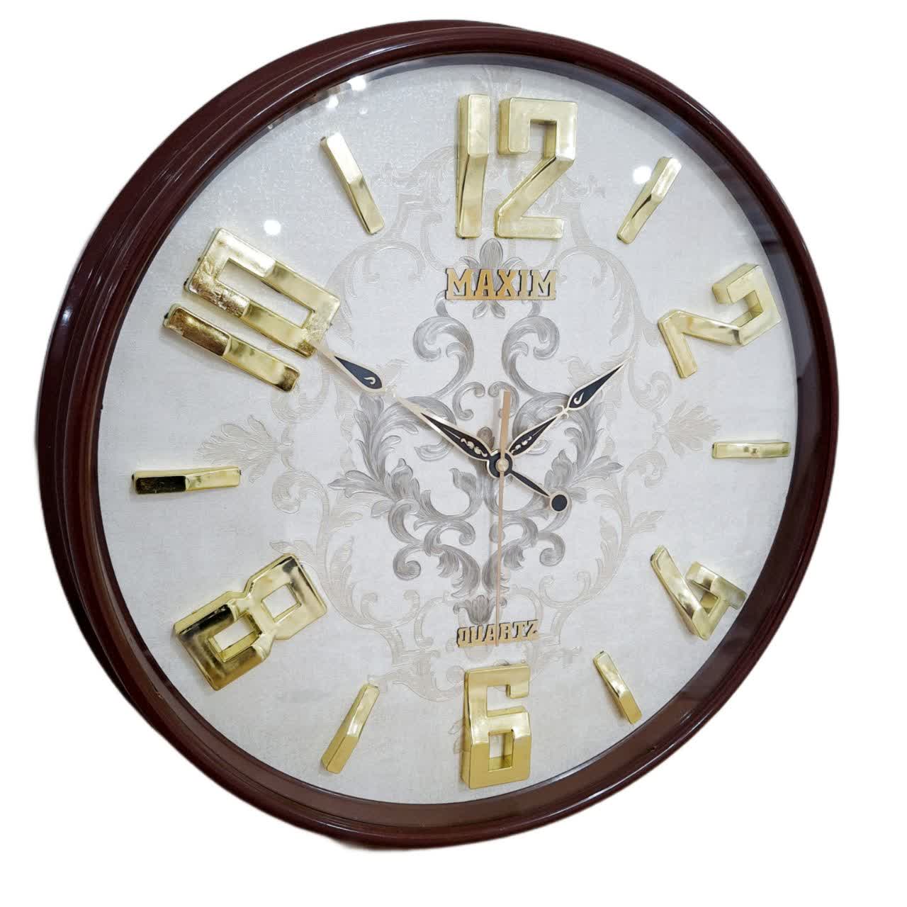 ساعت دیواری قهوه‌ای 50 سانتی‌متری فایبر با اعداد طلایی برجسته و 2 سال ضمانت