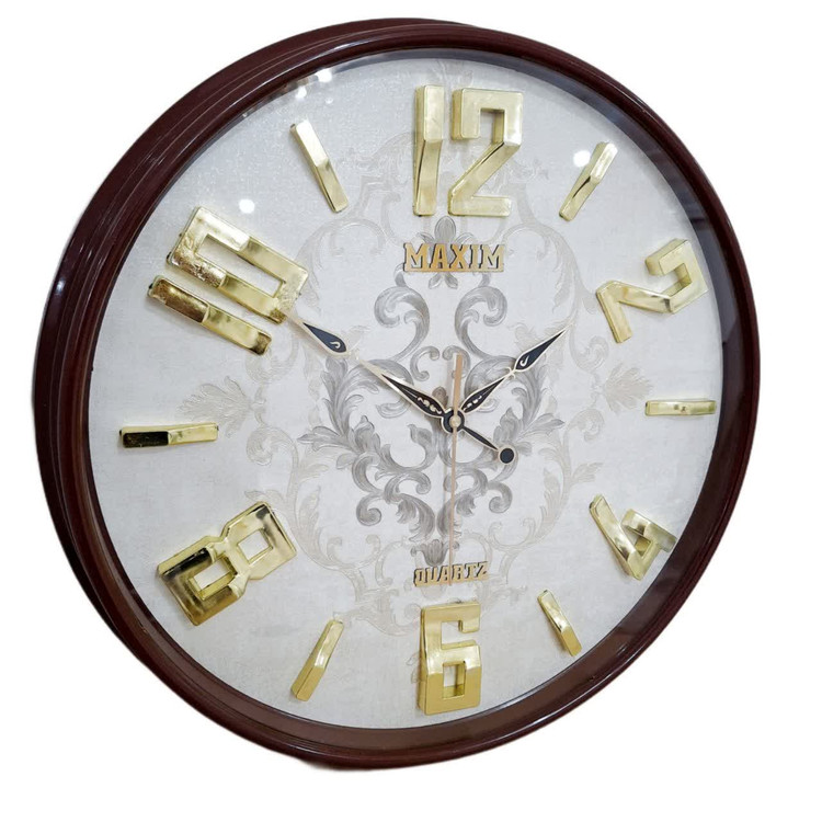 ساعت دیواری قهوهای 50 سانتیمتری فایبر با اعداد طلایی برجسته و 2 سال ضمانت