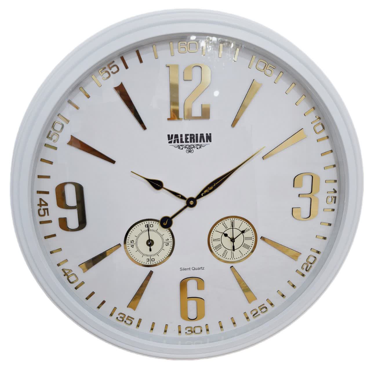 ساعت دیواری سفید 70 سانتی‌متری فایبر با اعداد انگلیسی طلایی سه موتوره و 2 سال ضمانت