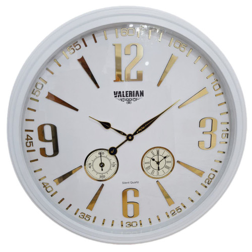ساعت دیواری سفید 70 سانتیمتری فایبر با اعداد انگلیسی طلایی سه موتوره و 2 سال ضمانت