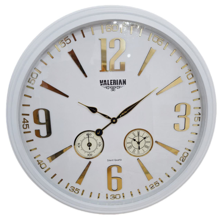 ساعت دیواری سفید 70 سانتیمتری فایبر با اعداد انگلیسی طلایی سه موتوره و 2 سال ضمانت
