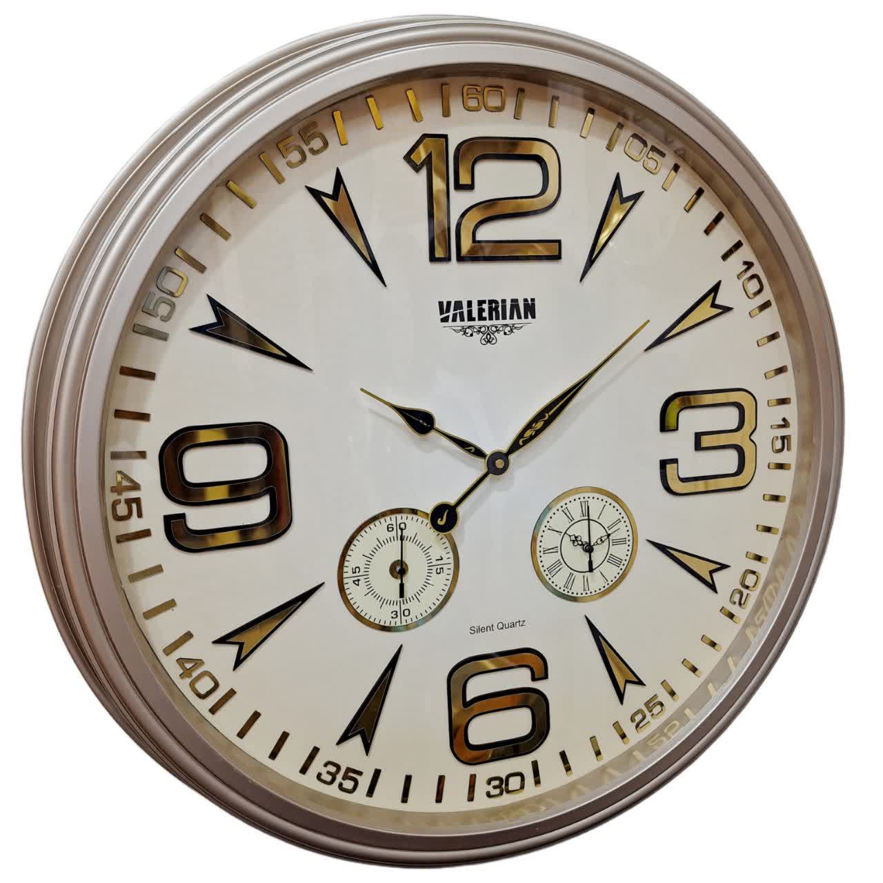 ساعت دیواری بژ 70 سانتی‌متری فایبر با اعداد انگلیسی طلایی سه موتوره و 2 سال ضمانت