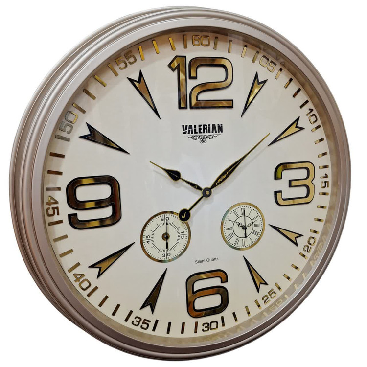 ساعت دیواری بژ 70 سانتیمتری فایبر با اعداد انگلیسی طلایی سه موتوره و 2 سال ضمانت