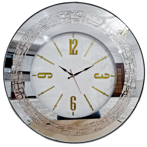 ساعت دیواری آینهای سفید 70 سانتیمتری با اعداد انگلیسی طلایی و 1000 روز ضمانت