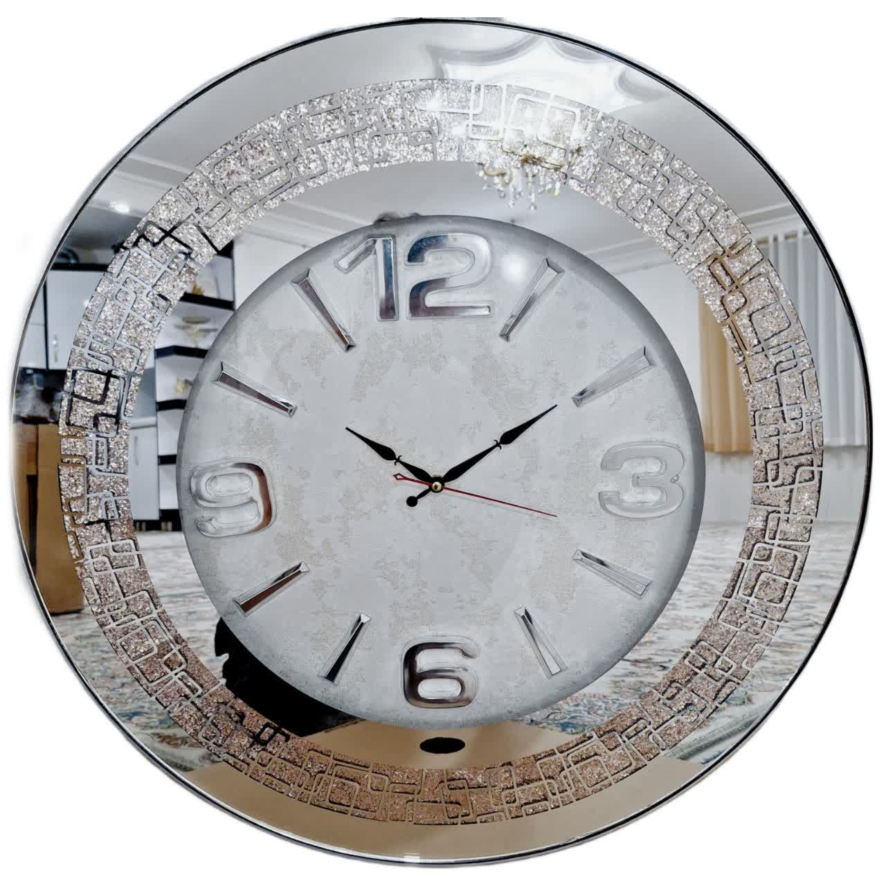 ساعت دیواری آینه‌ای سفید 70 سانتی‌متری با اعداد پلکسی نقره‌ای و 1000 روز ضمانت