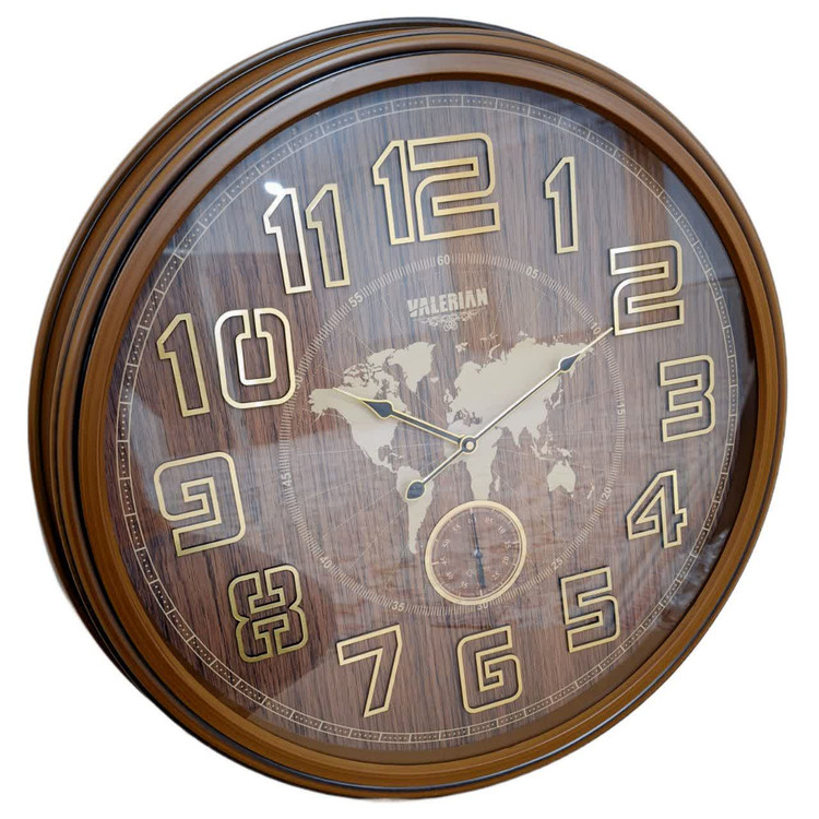 ساعت دیواری قهوهای 70 سانتیمتری با اعداد انگلیسی برجسته و طرح نقشه جهان همراه با 2 سال ضمانت