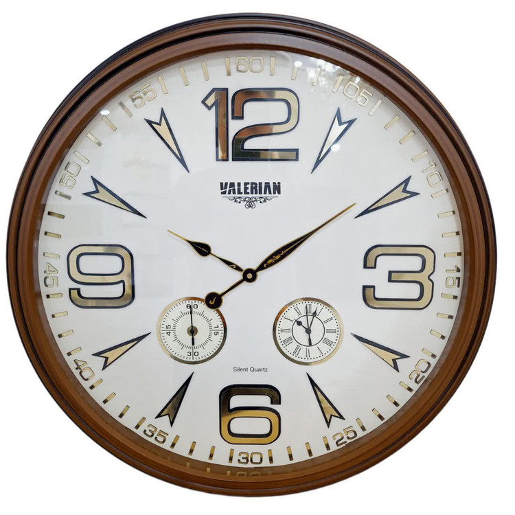 ساعت دیواری قهوهای داخل کرم 70 سانتیمتری با اعداد برجسته انگلیسی و موتور 3 موتوره