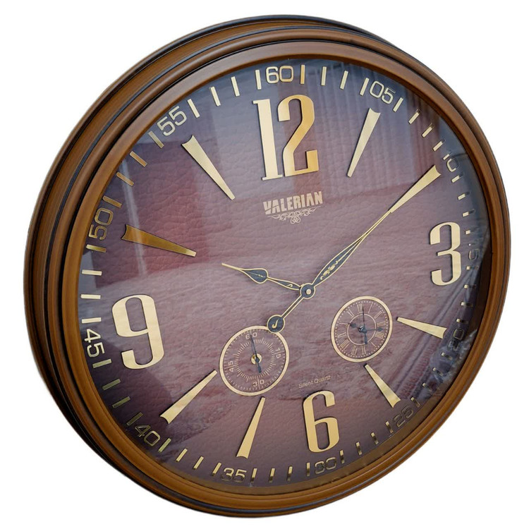 ساعت دیواری والرین قهوهای 70 سانتیمتری با اعداد پلکسی طلایی و موتور 3 موتوره همراه با 2 سال ضمانت