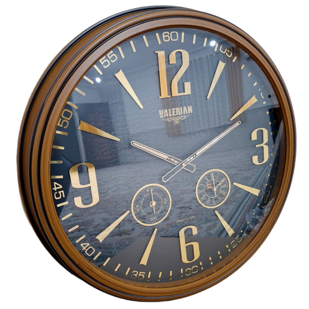 ساعت دیواری والرین قهوه‌ای داخل مشکی 70 سانتی‌متری با اعداد پلکسی طلایی و موتور 3 موتوره همراه با 2 سال ضمانت