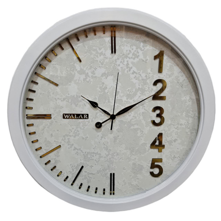 ساعت دیواری والار سفید 60 سانتیمتری با اعداد مدرن ترکیبی طلایی برجسته همراه با 2 سال ضمانت