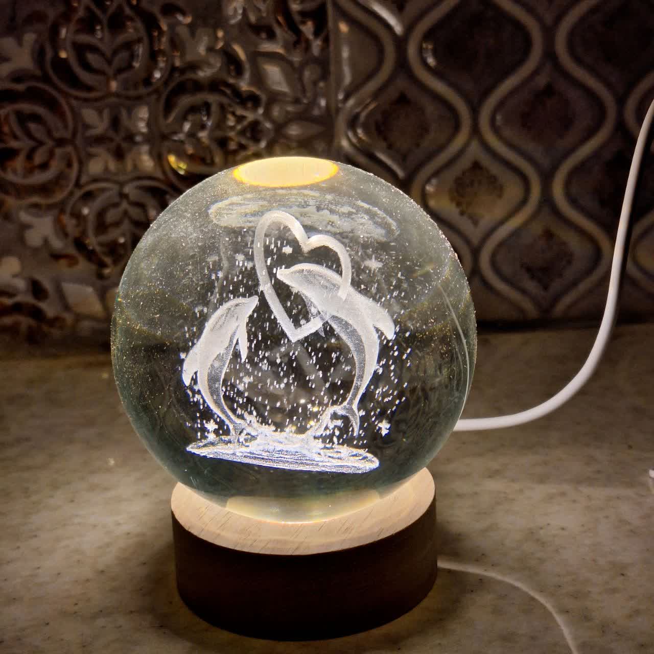 گوی شیشه‌ای شب‌تاب با دو دلفین عاشق از نمای شب