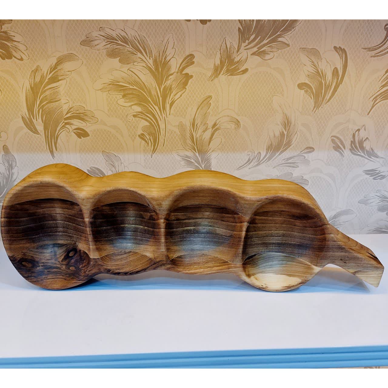 اردوخوری چوبی ۴ کاسه‌ای دست‌ساز با طراحی مدرن برای سرو تنقلات و دسر