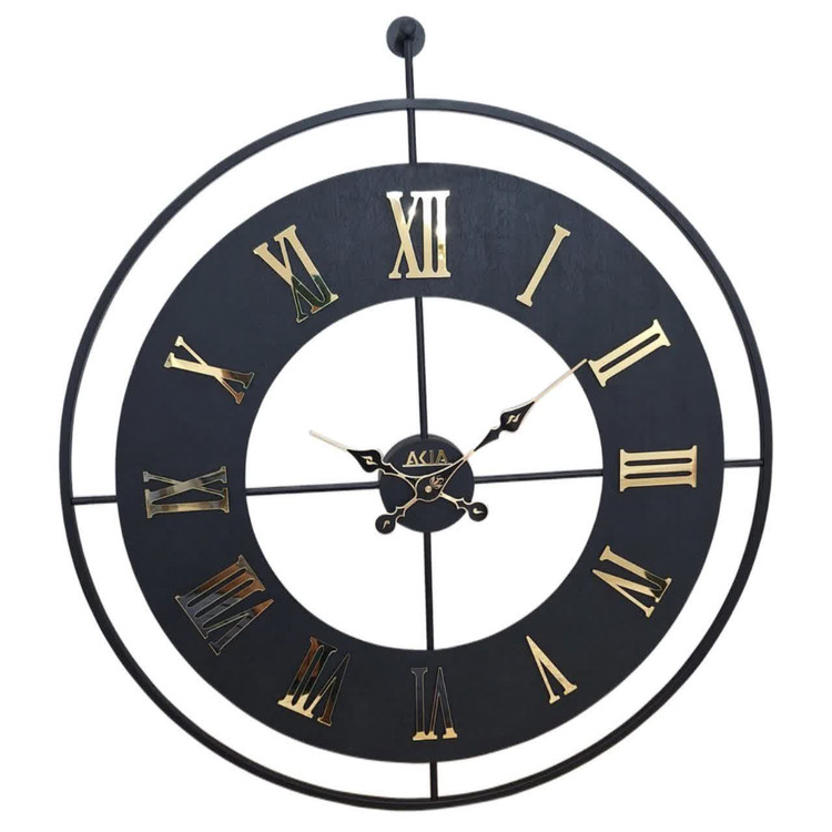 ساعت دیواری چرمی فلزی رینگ مشکی با چرم مشکی، موتور تایوانی و دو سایز ۶۰ و ۷