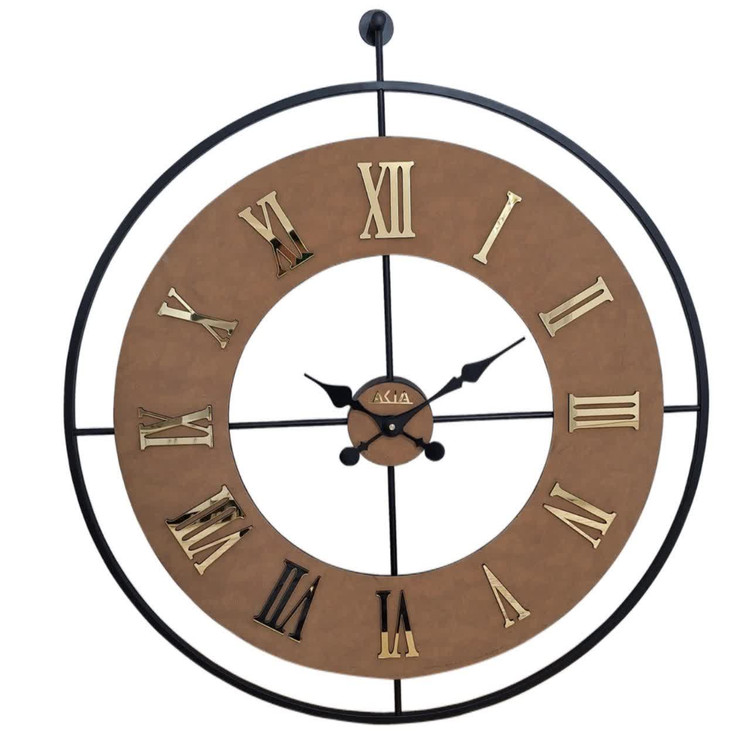 ساعت دیواری چرمی فلزی با چرم عسلی و رینگ مشکی در دو سایز ۶۰ و ۷۵ با موتور تایوان