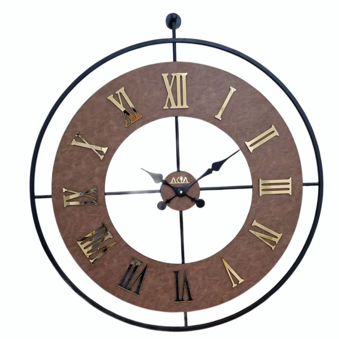 ساعت دیواری چرمی فلزی رینگ مشکی با چرم قهوه‌ای در سایز ۶۰ و ۷۵ با موتور تایوانی درجه 1