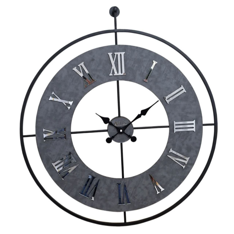 ساعت دیواری چرمی فلزی طوسی رینگ مشکی سایز ۶۰ و ۷۵ موتور تایوانی + ۵ سال گارانتی