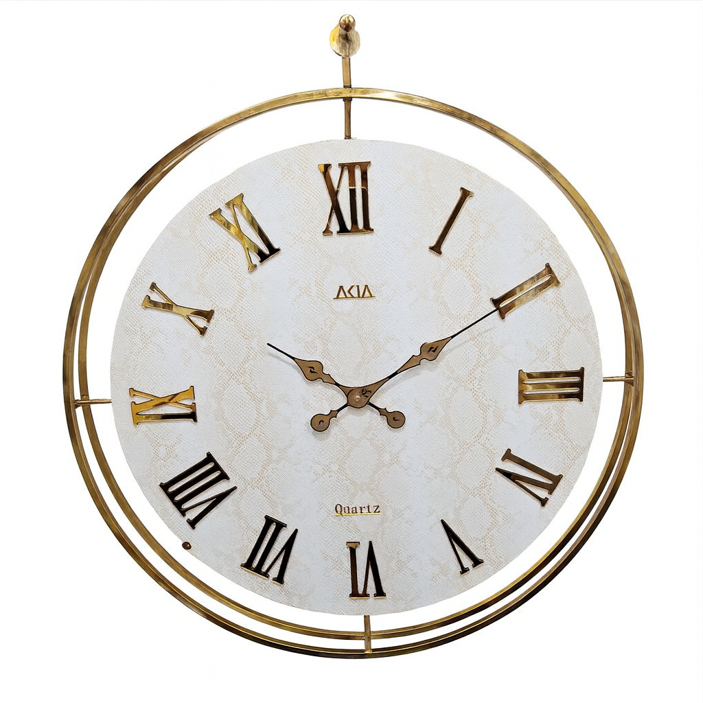 ساعت دیواری چرمی دو رینگ طلایی با چرم سفید پوست ماری، اعداد رومی طلایی و موتور تایوانی