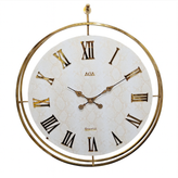 ساعت دیواری چرمی دو رینگ طلایی با چرم سفید پوست ماری، اعداد رومی طلایی و موتور تایوانی