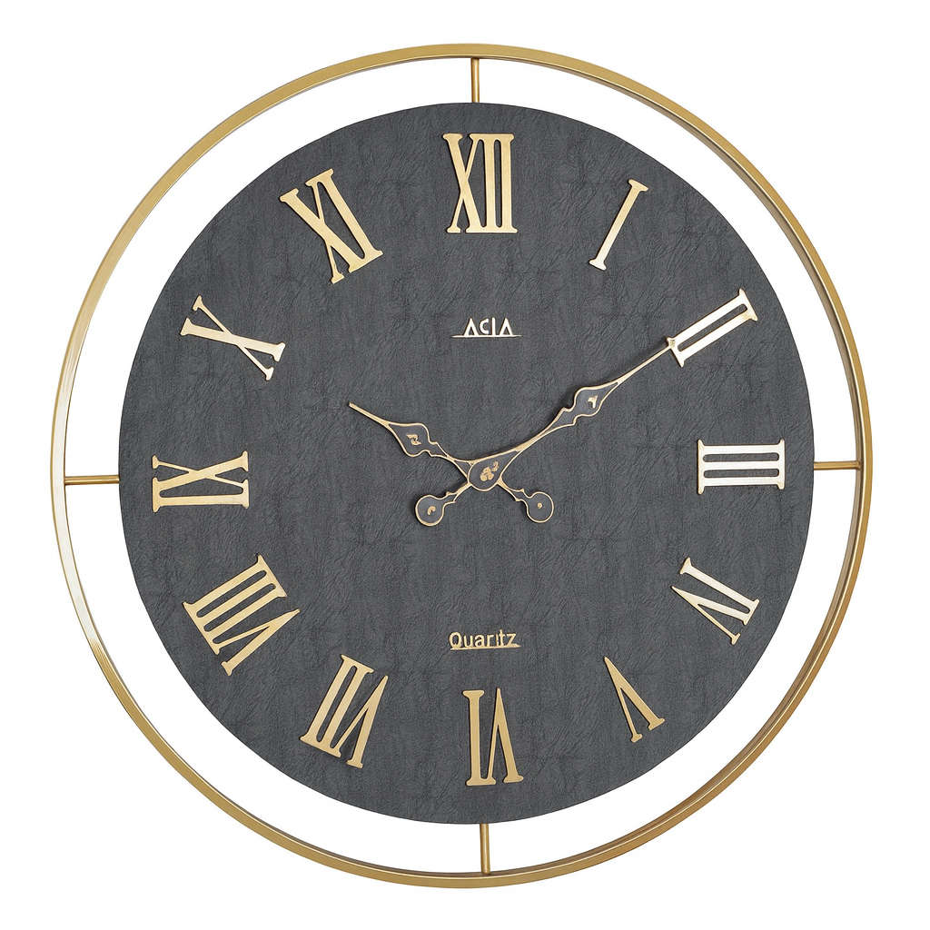 ساعت دیواری چرمی فلزی دو رینگ طلایی با صفحه چرم مشکی و اعداد رومی طلایی – مدل لوکس سایز بزرگ