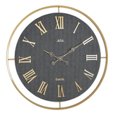 ساعت دیواری چرمی فلزی دو رینگ طلایی با صفحه چرم مشکی و اعداد رومی طلایی – مدل لوکس سایز بزرگ