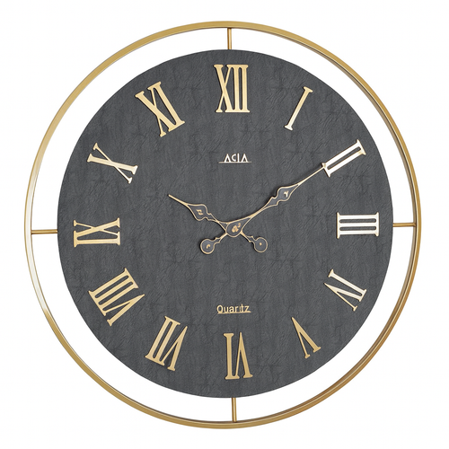 ساعت دیواری چرمی فلزی دو رینگ طلایی با صفحه چرم مشکی و اعداد رومی طلایی – مدل لوکس سایز بزرگ