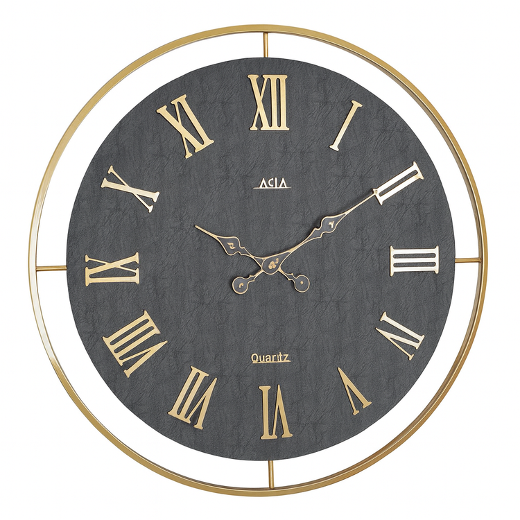 ساعت دیواری چرمی فلزی دو رینگ طلایی با صفحه چرم مشکی و اعداد رومی طلایی – مدل لوکس سایز بزرگ