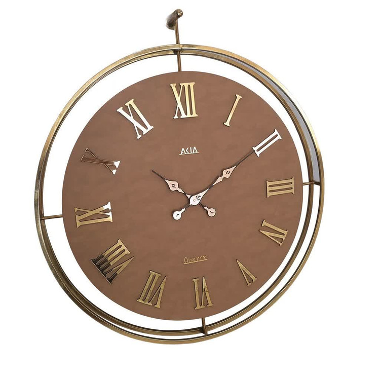 ساعت دیواری چرمی فلزی دو رینگ طلایی با چرم عسلی – مدل لوکس سایز ۶۰ و ۷۵