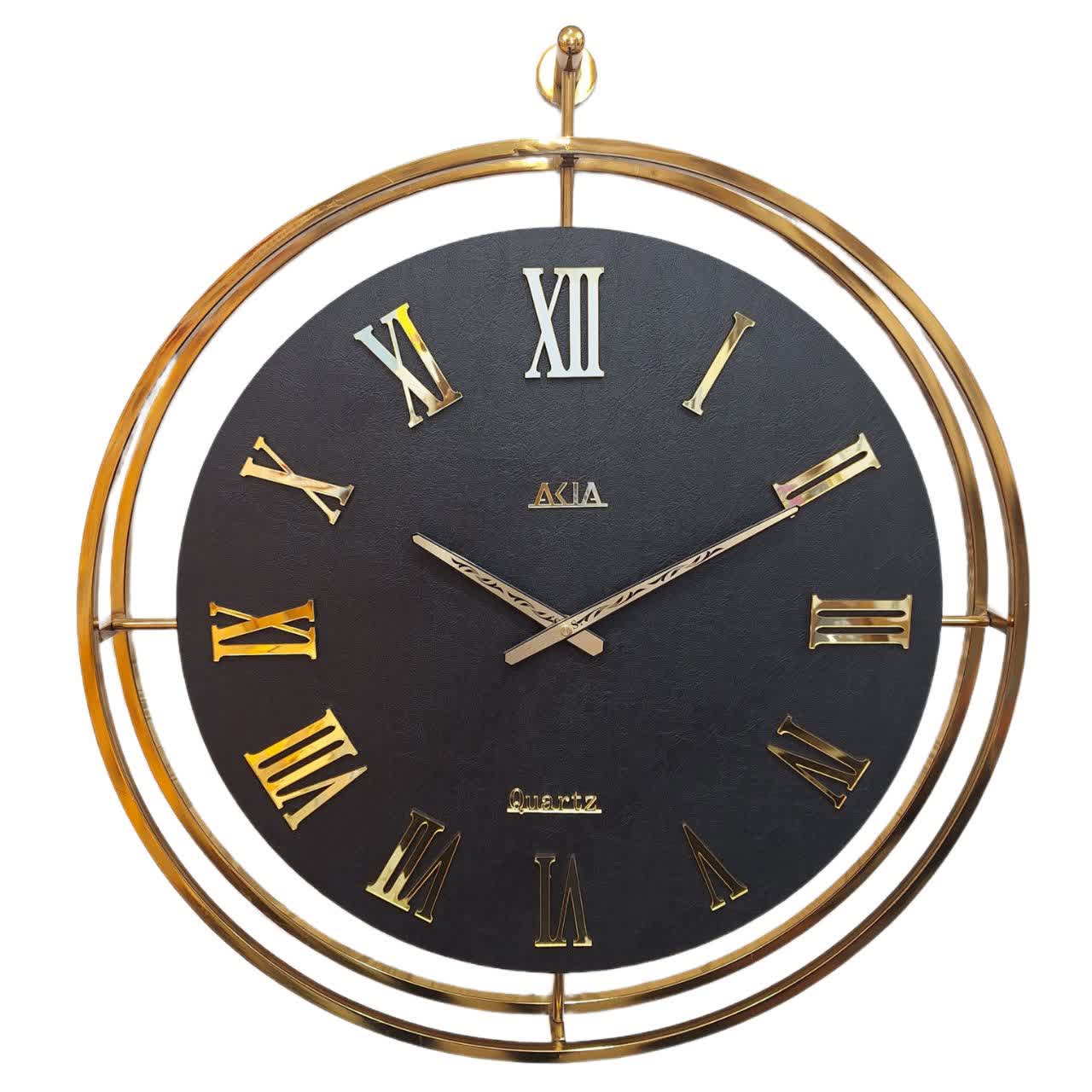 ساعت دیواری چرمی فلزی دو رینگ طلایی با چرم مشکی اسنکی و موتور تایوان