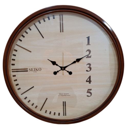ساعت دیواری گرد سیکو چوبی قهوهای داخل کرم 75 سانتی با اعداد مدرن