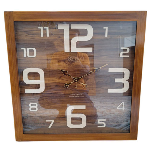 ساعت دیواری مربع چوبی تمام قهوهای 70 سانتی با اعداد انگلیسی